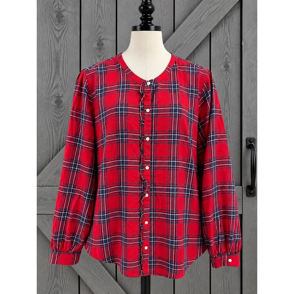 Old Navy Plaid Ruffle Front Top XL Red Navy Blue Cotton Long Sleeve Blouse